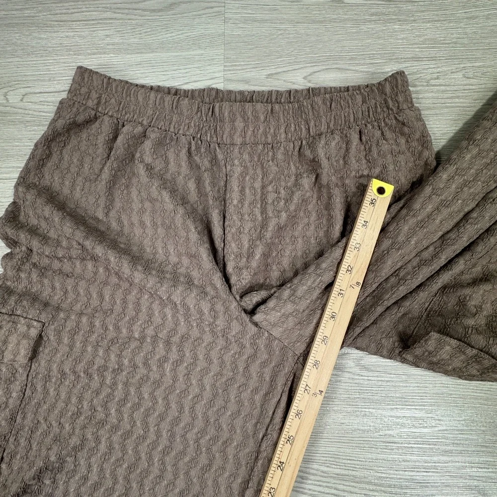 French Laundry Women's Cargo Pants‎ Textured Wide Leg Brown Large Elastic Waist